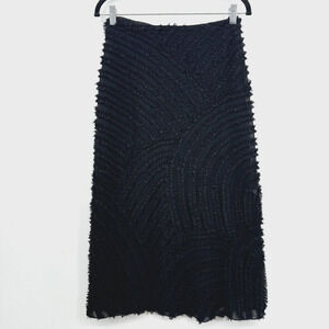 Jackie Jon Crinkle Ruffled Midi Skirt Size 4 Black Cocktail Artsy Witchy Goth
